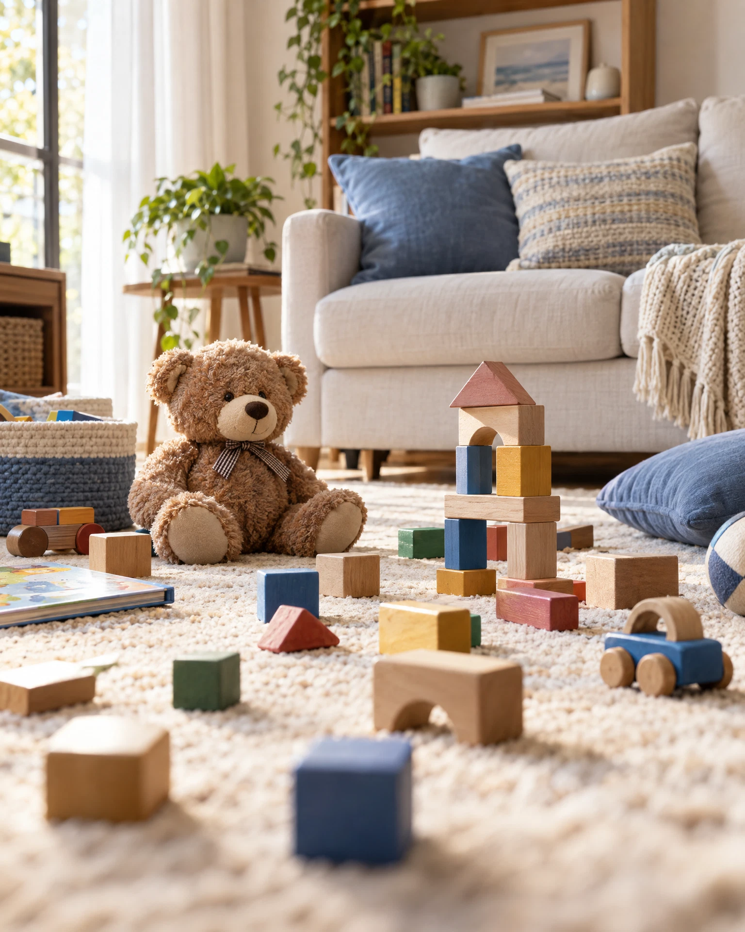 Imagem ilustrativa de brinquedos espalhados em uma sala de família, sem pessoas.