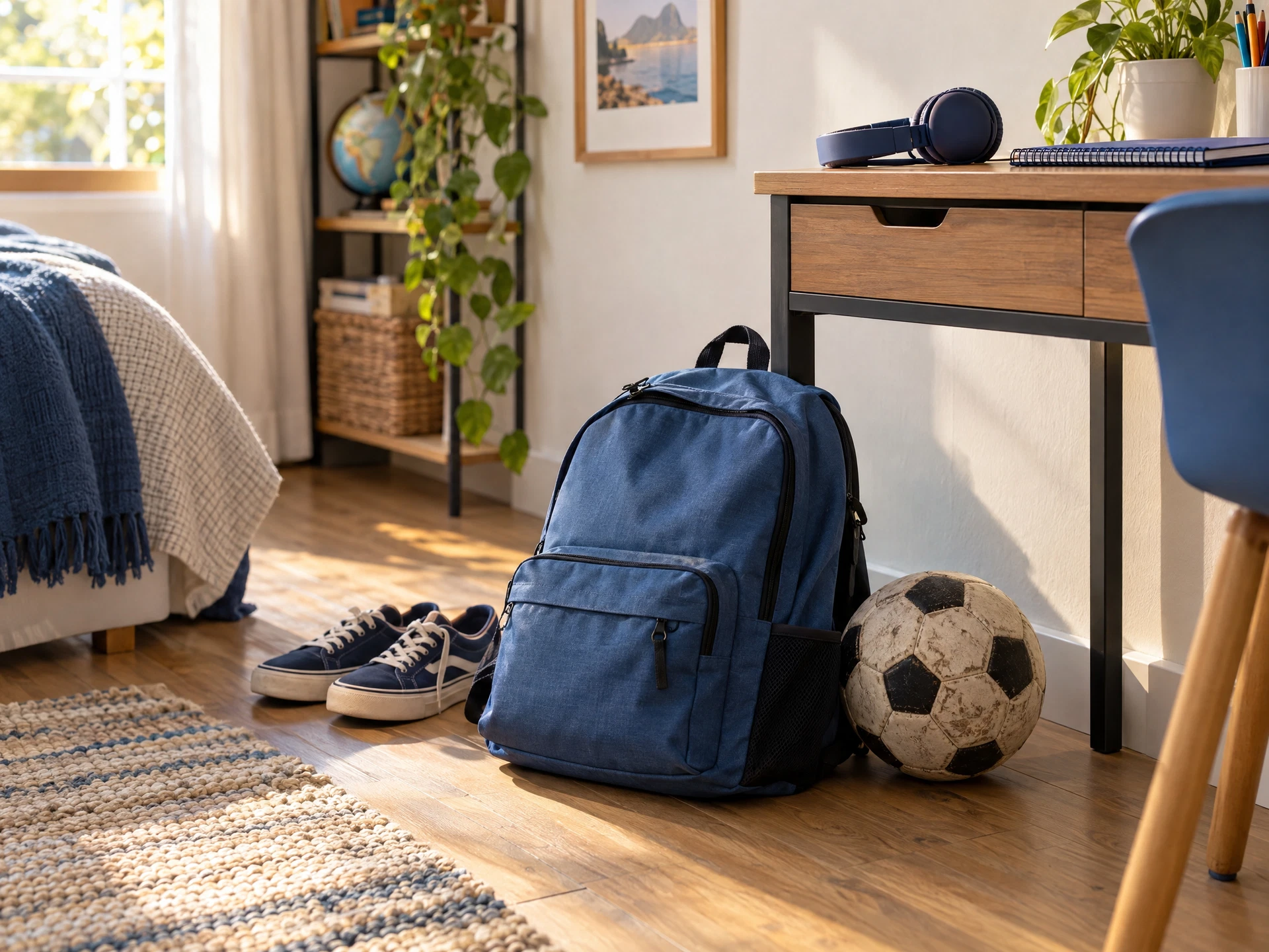Imagem ilustrativa de uma mochila, bola, tênis e objetos de estudo em casa, sem pessoas.